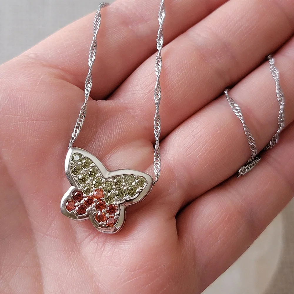 Gemstone Pave Butterfly Necklace Red and Green 18k white gold filled 925 Silver
